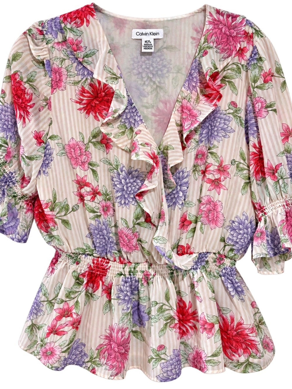 Calvin Klein Floral Faux Wrap Blouse | XL | Sheer Ruffle Top